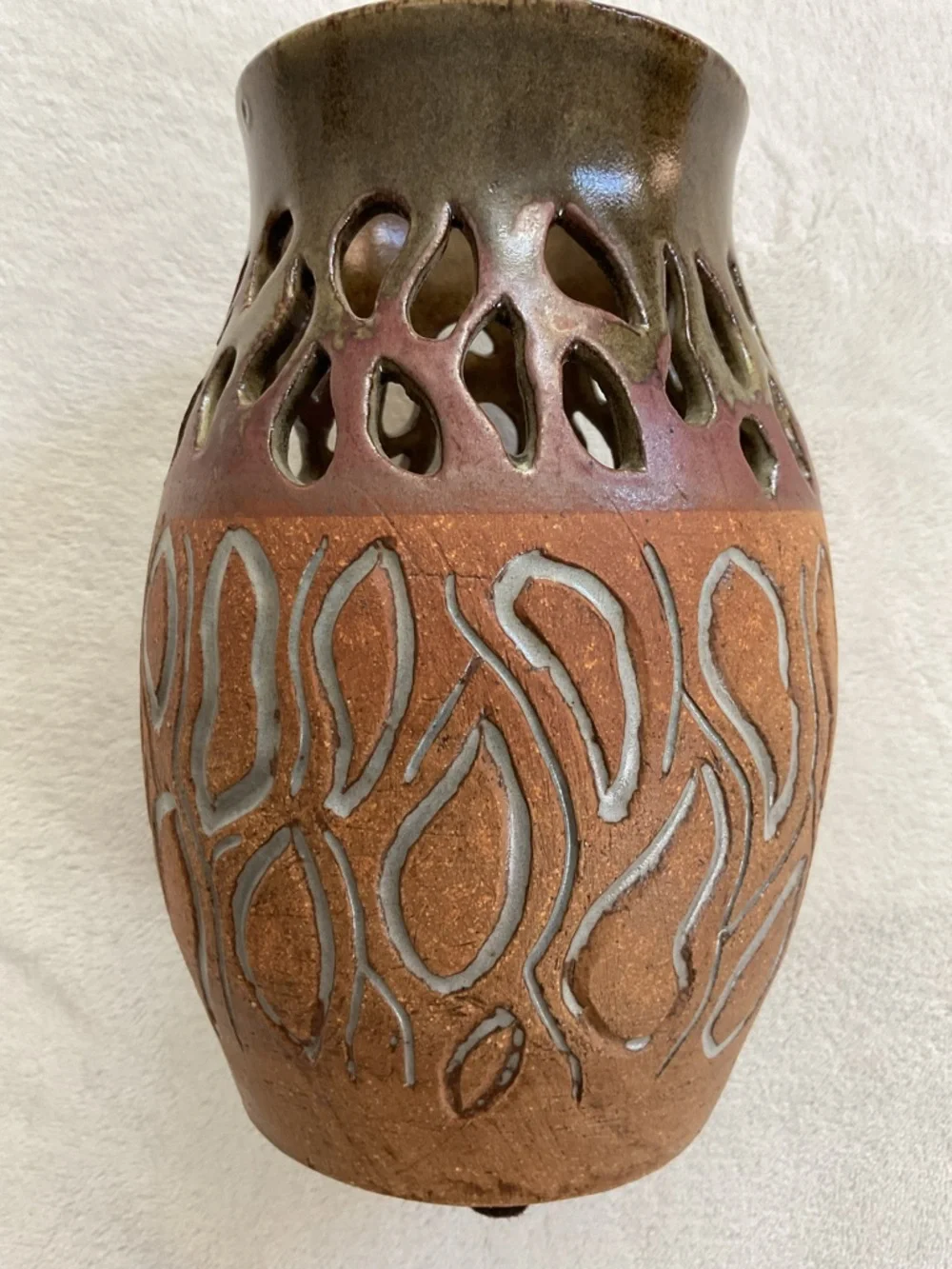 Vintage Signed Studio Pottery Pierced Art Vase Handmade Ceramic 8” Brutalist